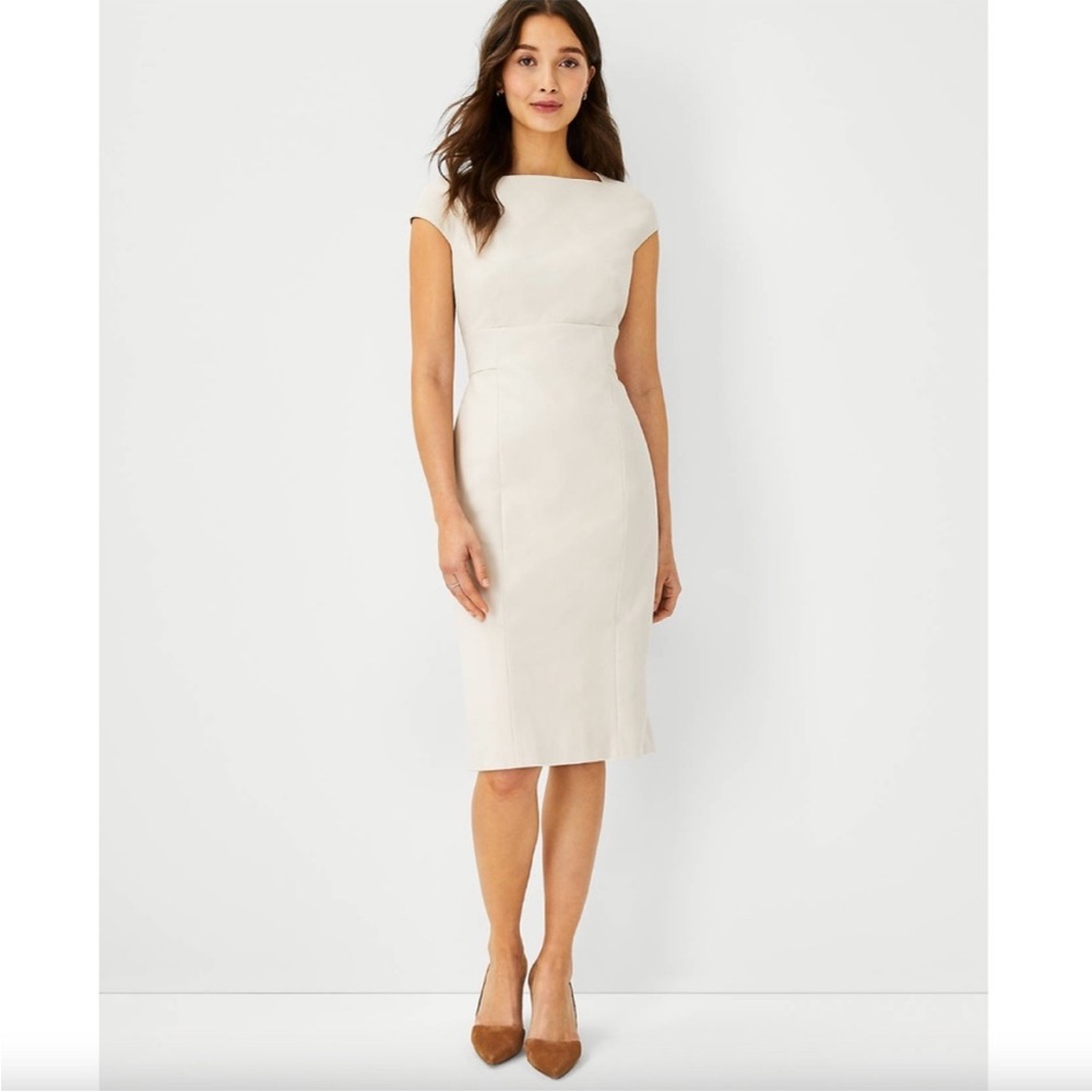 Ann Taylor The Envelope Neck Sheath Dress In Stretch Cotton Beige Size 2